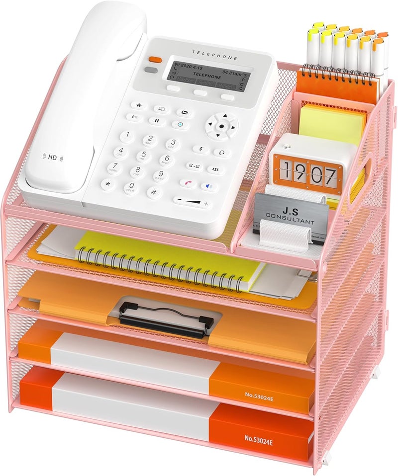Docnest 5 Tier Metal Mesh Letter Tray - Space Saving Desk File Organizer with Handle, Pen Holder & Folder Holder - Desktop Document Sorter for Office, Home, School, Classroom - Pink - Image 1
